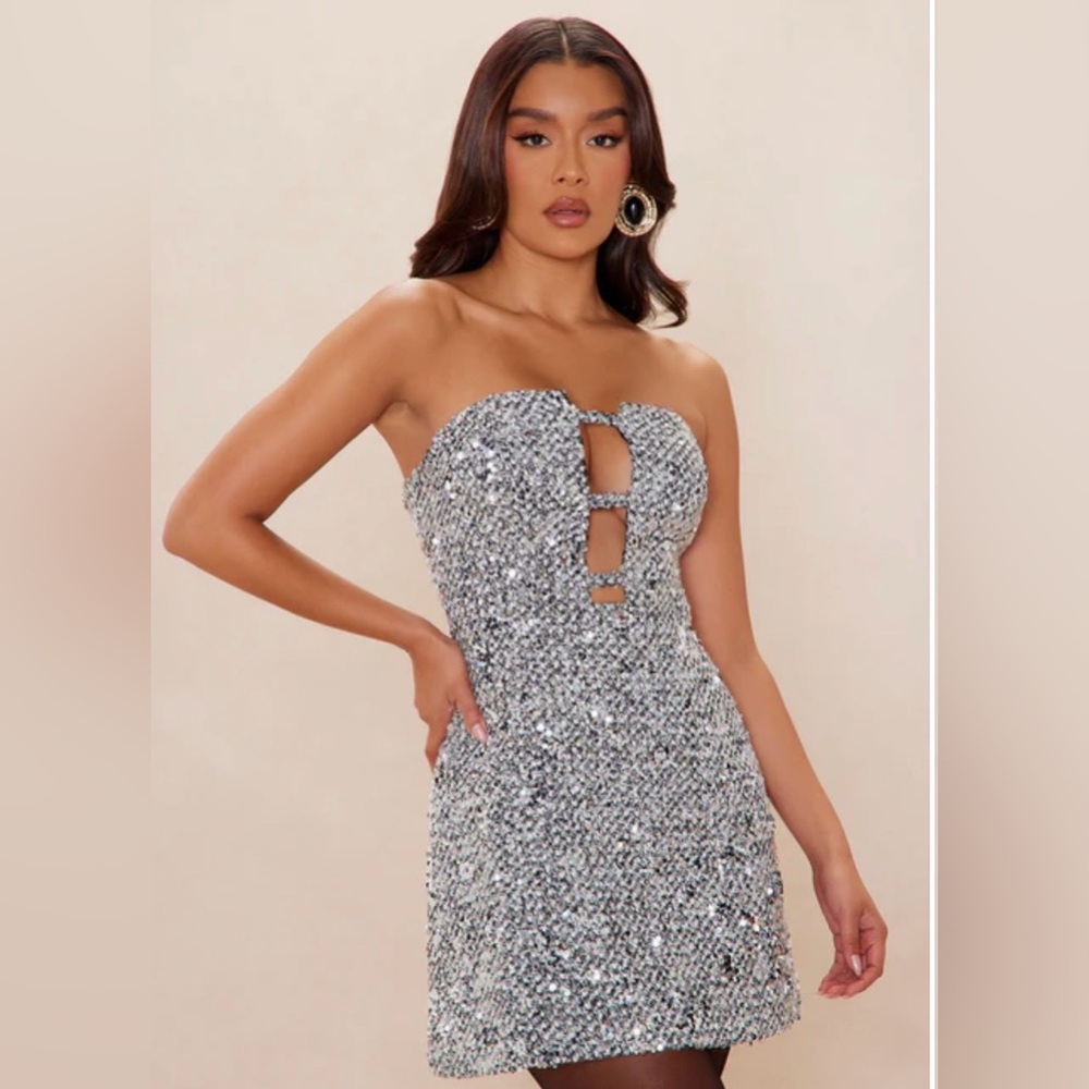 NWT Kinsley Sequin Tweed Mini Dress - Silver Sz L (10)